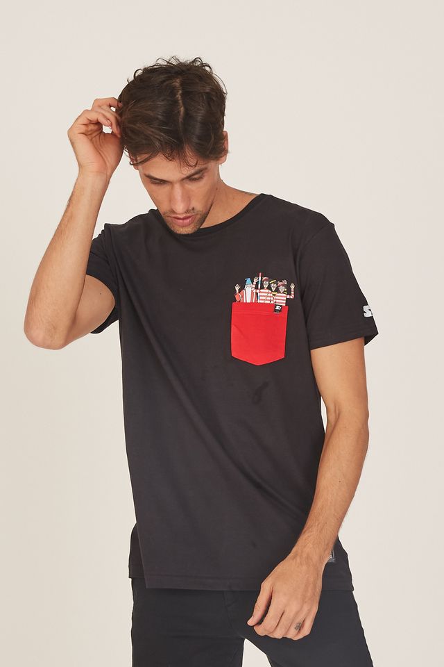 Camiseta-Starter-Basica-Pocket-Estampada-Collab-Wally-Preta