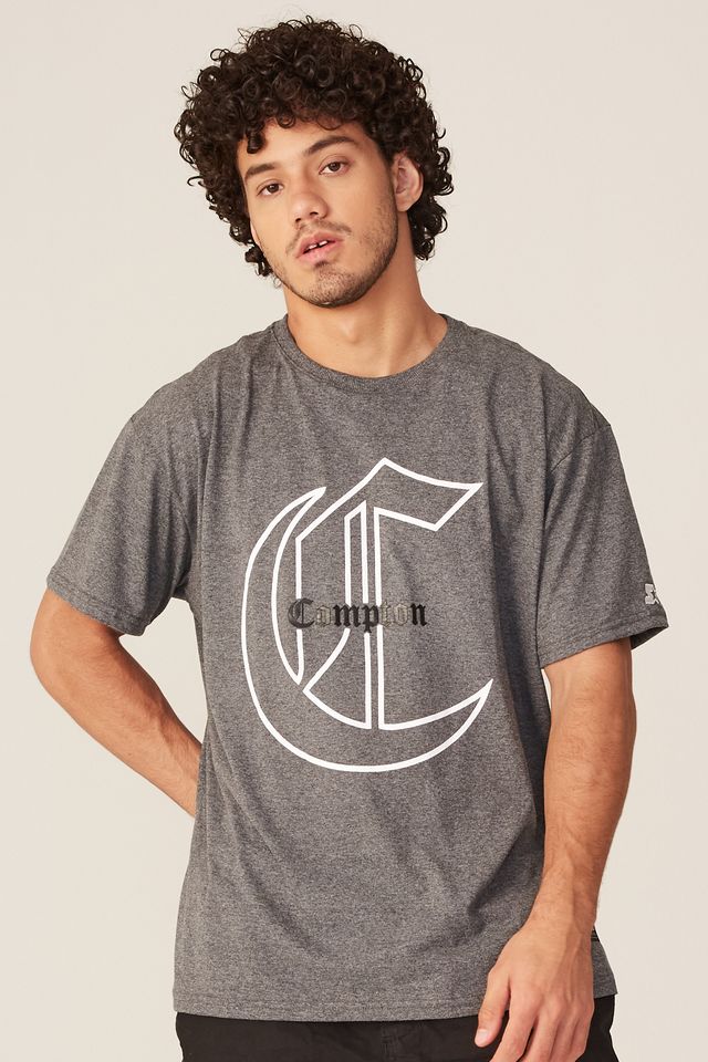 Camiseta-Starter-Plus-Size-Estampada-Compton-Cinza-Mescla-Escuro