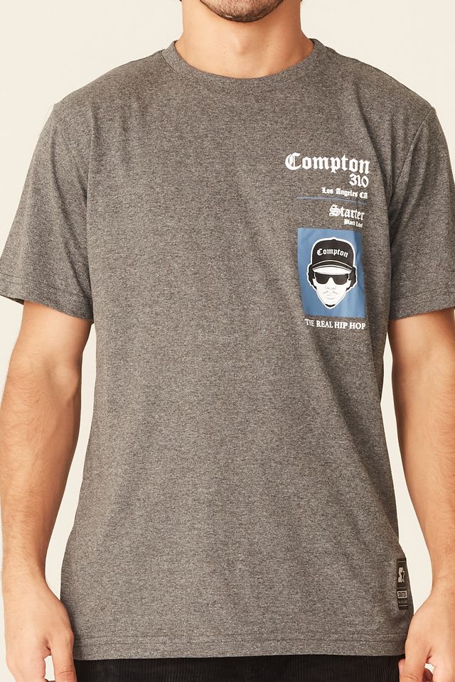 Camiseta-Starter-Estampada-Compton-Cinza-Mescla-Escuro
