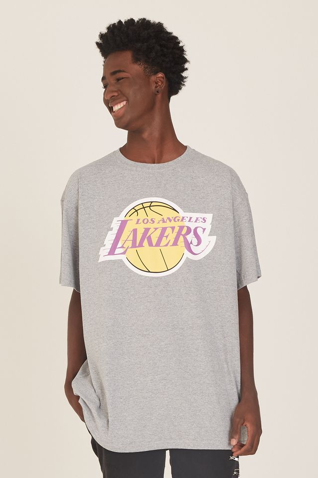 Camiseta-NBA-Plus-Size-Estampada-Los-Angeles-Lakers-Casual-Cinza-Mescla