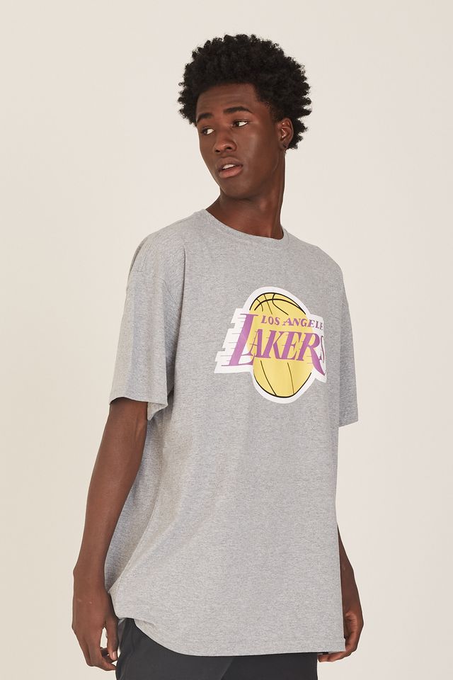 Camiseta-NBA-Plus-Size-Estampada-Los-Angeles-Lakers-Casual-Cinza-Mescla