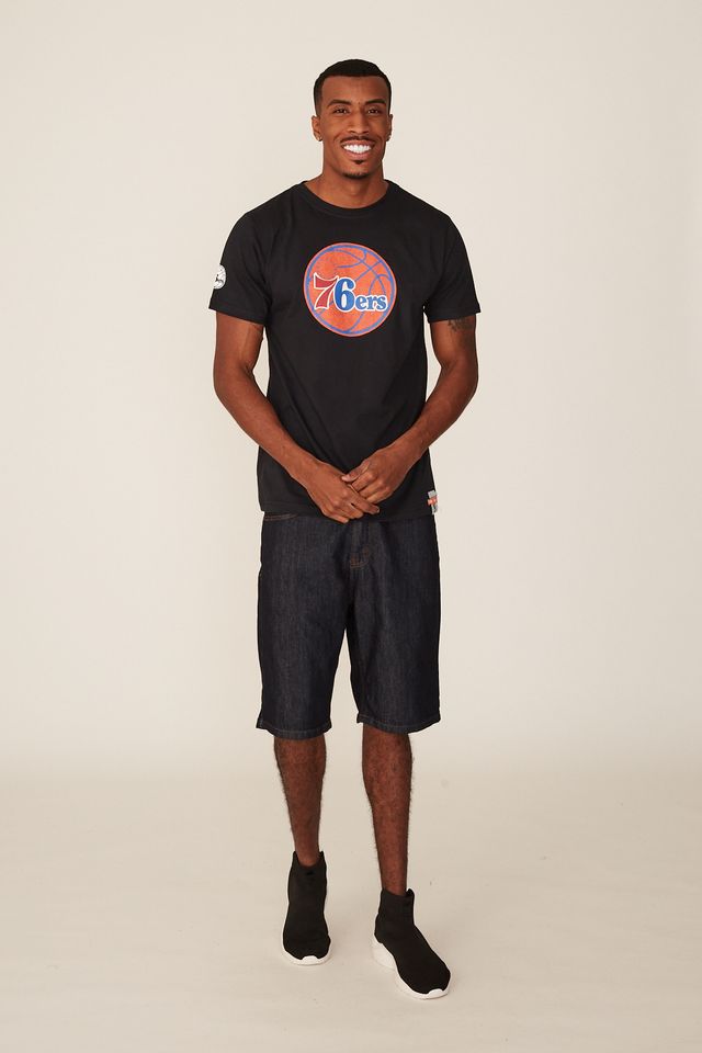 Camiseta-NBA-Estampada-Philadelphia-76ERS-Casual-Preta