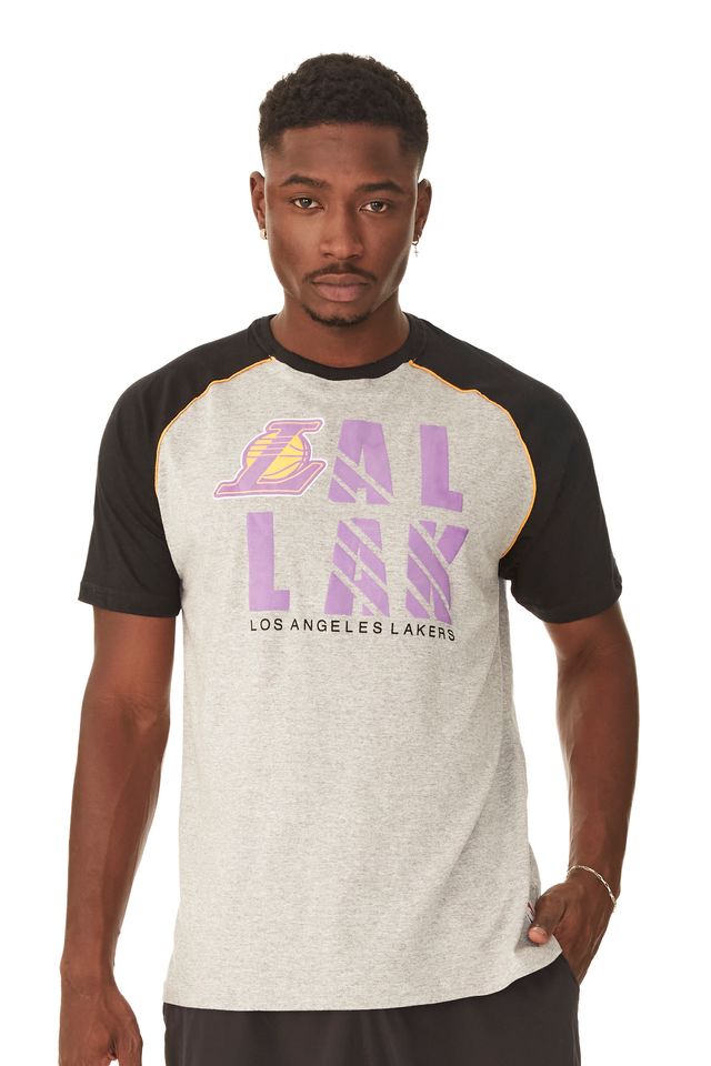 Camiseta-NBA-Raglan-Los-Angeles-Lakers-Cinza-Mescla