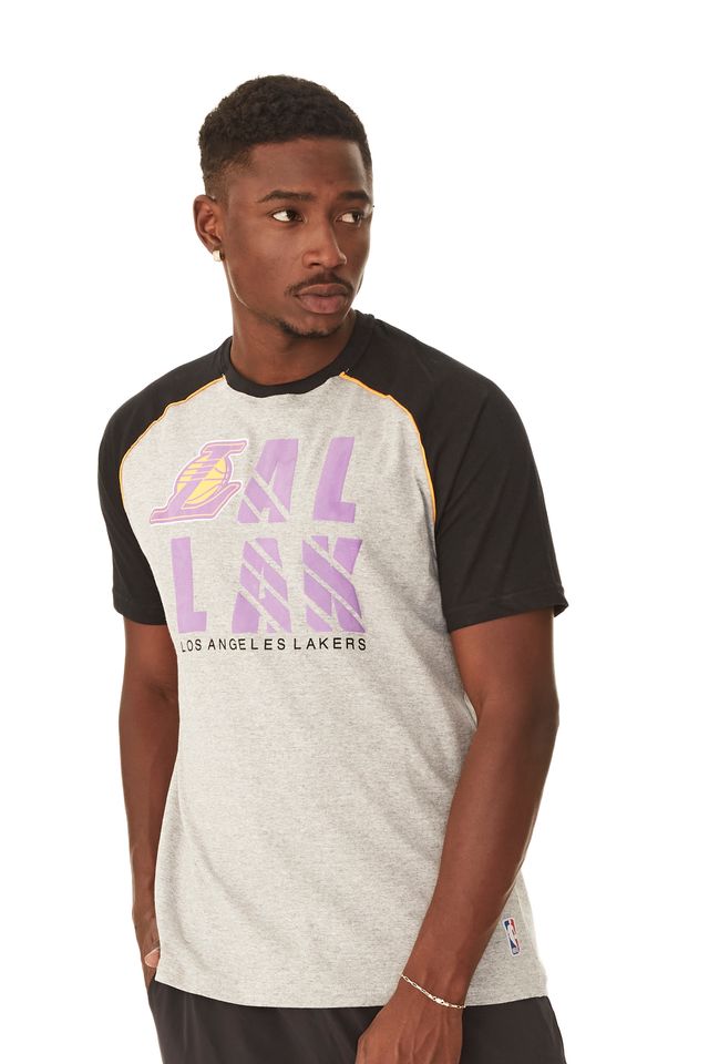 Camiseta-NBA-Raglan-Los-Angeles-Lakers-Cinza-Mescla