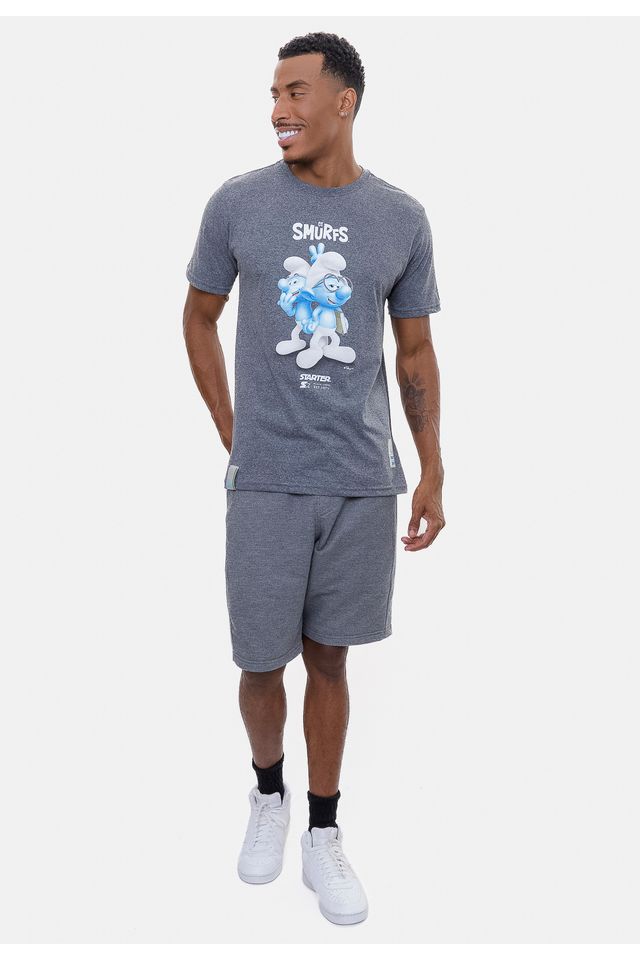 Camiseta-Starter-Collab-Smurfs-3D-Cinza-Mescla-Escuro
