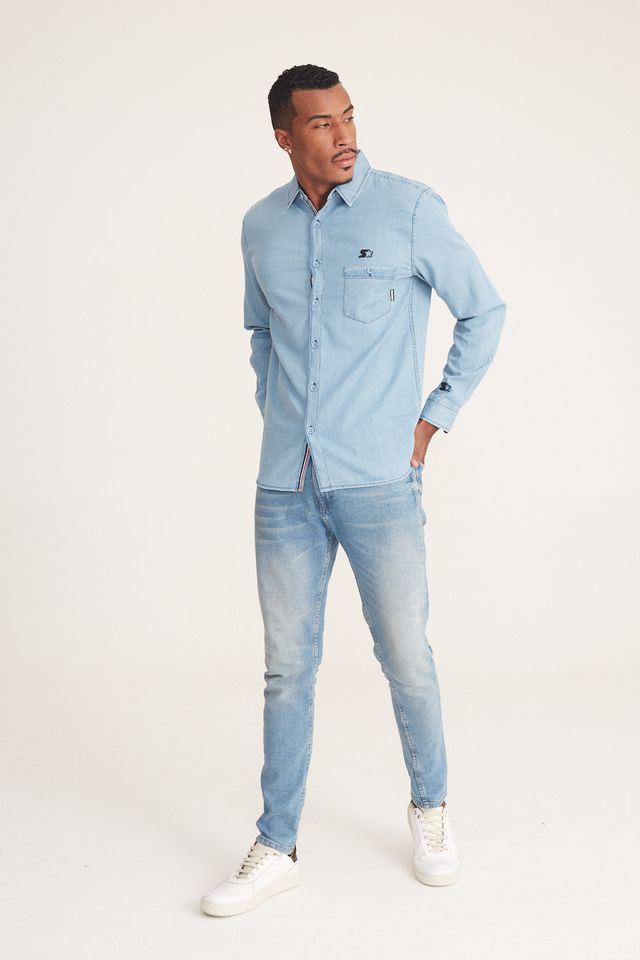 Camisa Comfort Jeans com Manga Longa e Bolso Azul