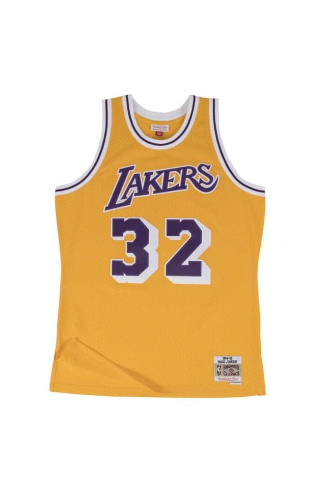 Regata-Mitchell---Ness-Swingman-Jersey-Los-Angeles-Lakers-Home-Magic-Johnson-1984-1985-Amarela