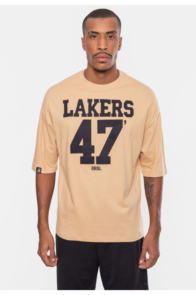 Camiseta-NBA-Masculina-Oversized-Number-Twill-Los-Ageles-Lakers-Bege-Claro