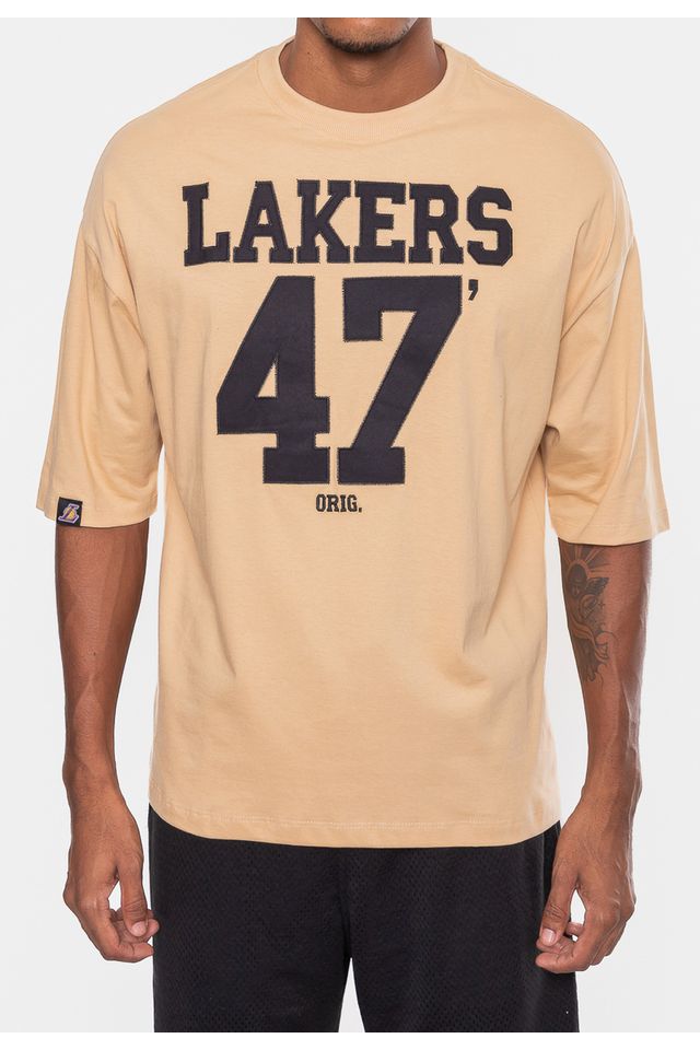 Camiseta-NBA-Masculina-Oversized-Number-Twill-Los-Ageles-Lakers-Bege-Claro
