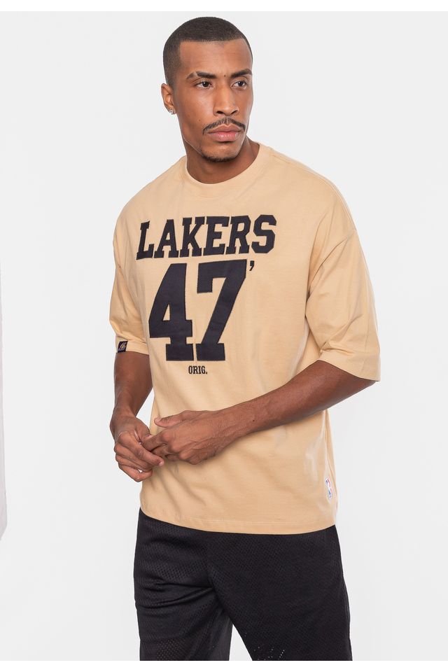 Camiseta-NBA-Masculina-Oversized-Number-Twill-Los-Ageles-Lakers-Bege-Claro