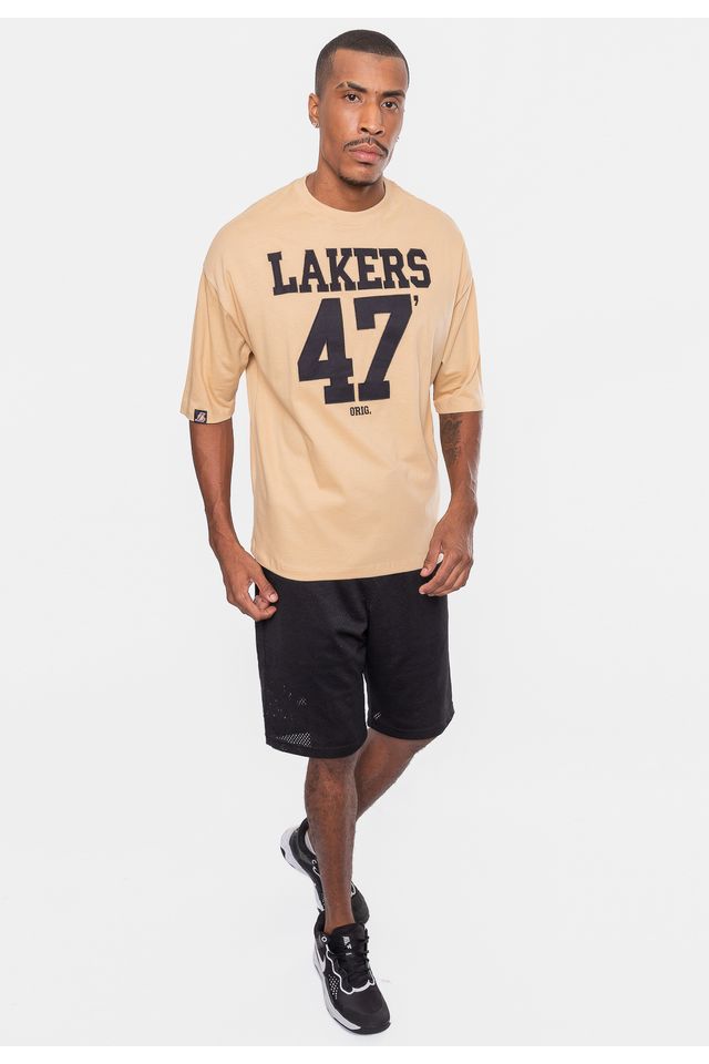 Camiseta-NBA-Masculina-Oversized-Number-Twill-Los-Ageles-Lakers-Bege-Claro