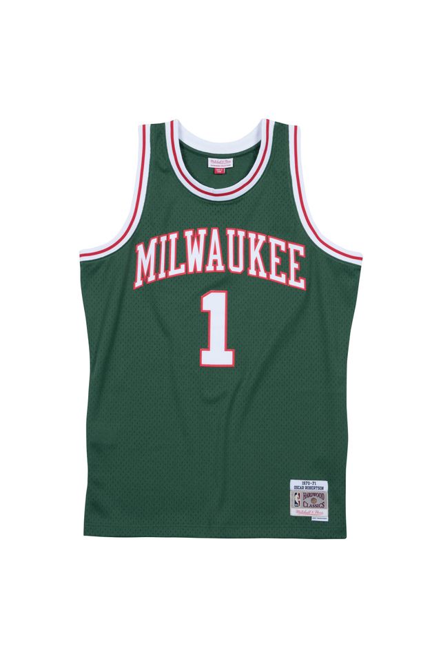 Regata-Mitchell---Ness-Swingman-Jersey-Milwaukee-Bucks-1970-71-Oscar-Robertson-Verde-Escuro Regata-Mitchell---Ness-Swingman-Jersey-Milwaukee-Bucks-1970-71-Oscar-Robertson-Verde-Escuro