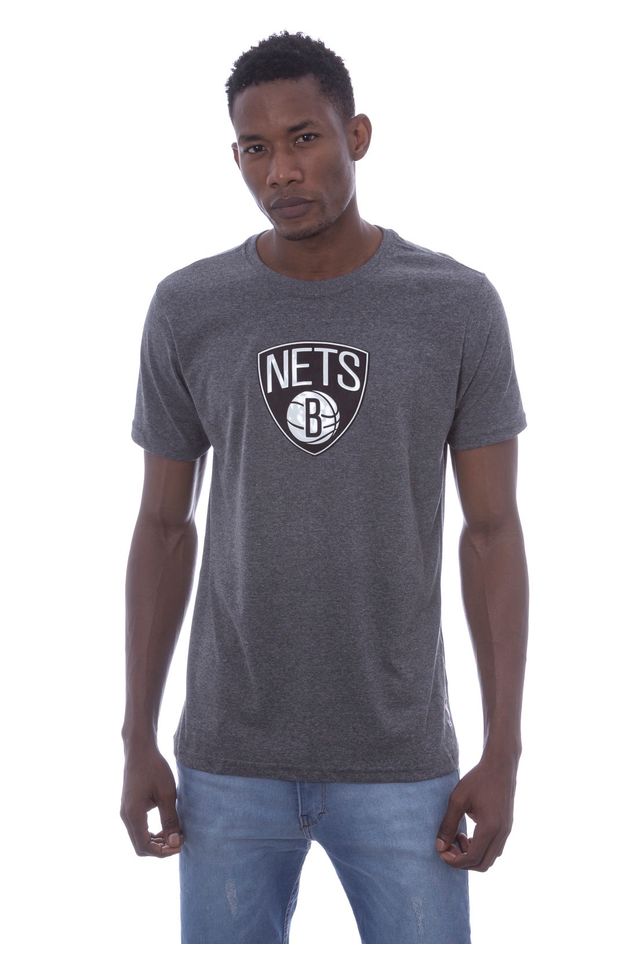 Camiseta-NBA-Estampada-Vinil-Brooklyn-Nets-Casual-Cinza-Mescla-Escuro