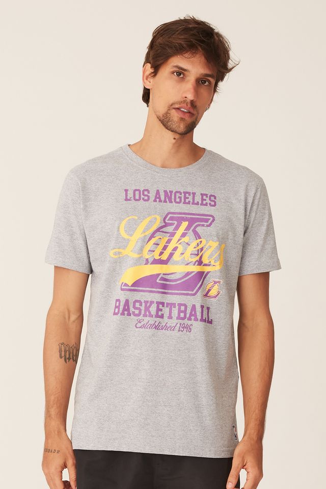 Camiseta-NBA-Estampada-Los-Angeles-Lakers-Casual-Cinza-Mescla