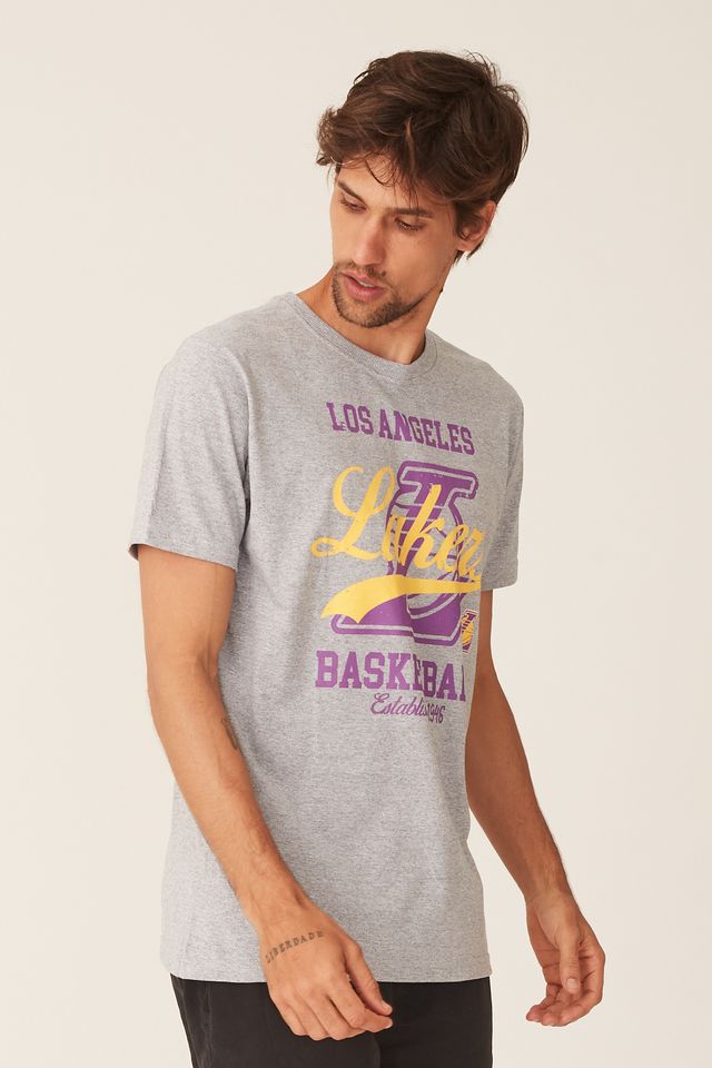 Camiseta-NBA-Estampada-Los-Angeles-Lakers-Casual-Cinza-Mescla
