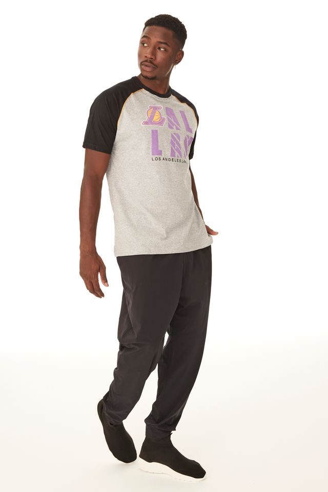 Camiseta-NBA-Raglan-Los-Angeles-Lakers-Cinza-Mescla