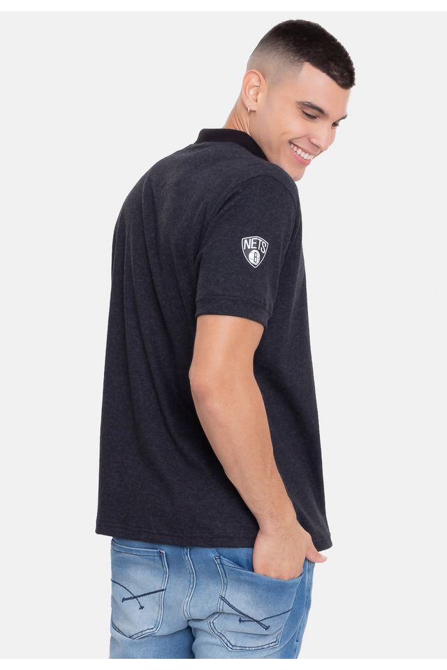 Camisa-Polo-NBA-Rubber-Logo-Brooklyn-Nets-Preta-Mescla