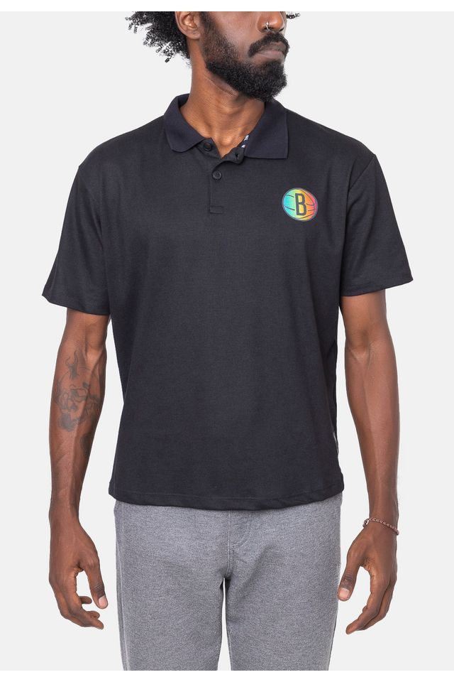 Camisa-Polo-NBA-Rainbow-Logo-Brooklyn-Nets-Preta