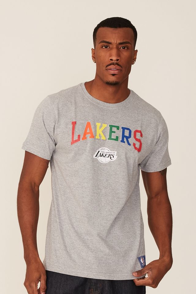 Camiseta-NBA-Estampada-Los-Angeles-Lakers-Casual-Cinza-Mescla