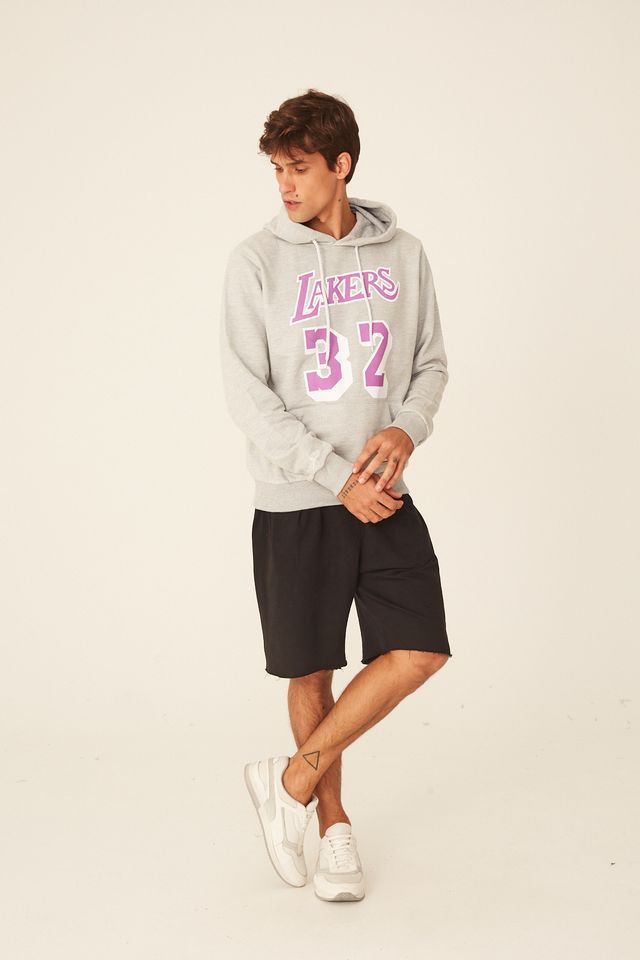 Moletom-Mitchell---Ness-Fechado-Com-Capuz-Los-Angeles-Lakers-Magic-Johnson-Cinza-Mescla