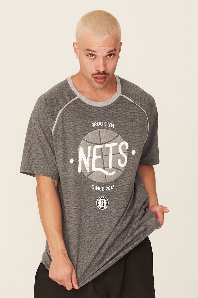 Camiseta NBA Especial Brooklyn Nets Casual Cinza Mescla Escuro