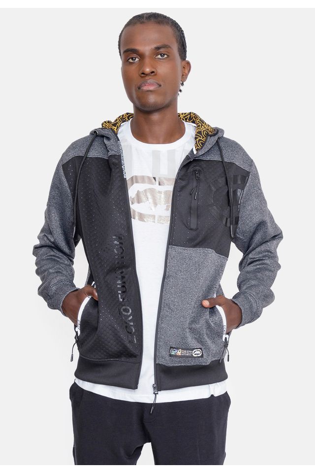 Moletom-Ecko-Aberto-Com-Capuz-Recortado-Preto-Mescla