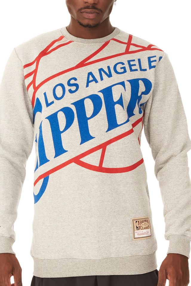 Moletom-Mitchell---Ness-Fechado-Gola-Careca-Los-Angeles-Clippers-Cinza-Mescla-Claro