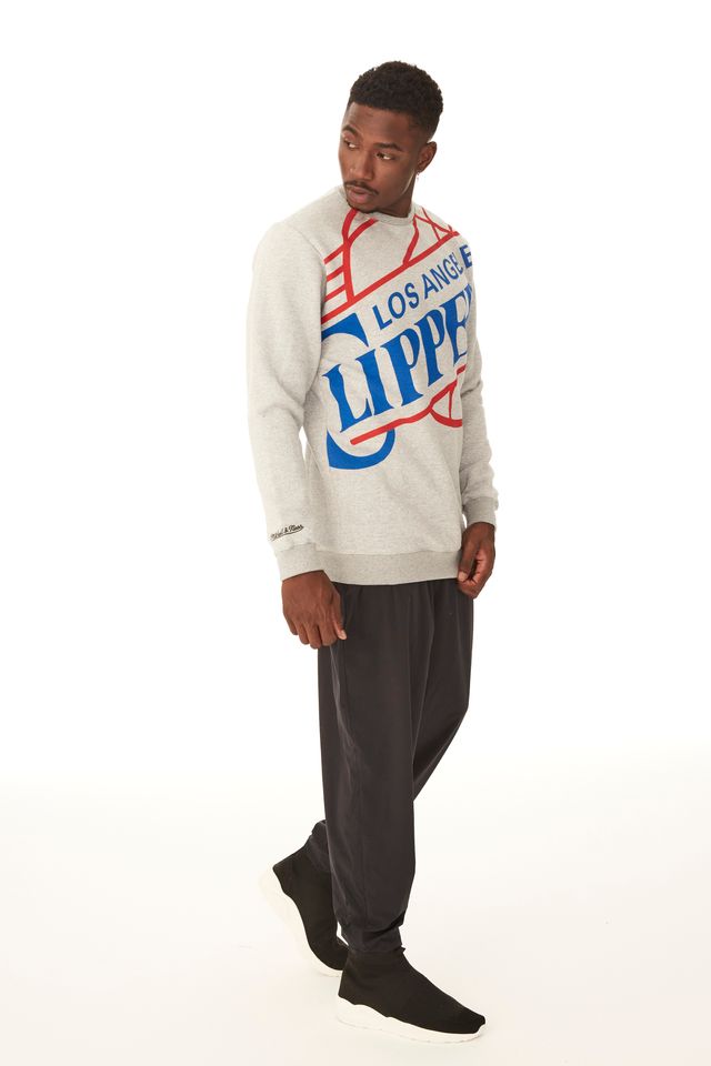 Moletom-Mitchell---Ness-Fechado-Gola-Careca-Los-Angeles-Clippers-Cinza-Mescla-Claro