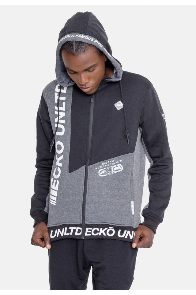 Moletom-Ecko-Aberto-Com-Capuz-Recortado-Preto-Com-Cinza