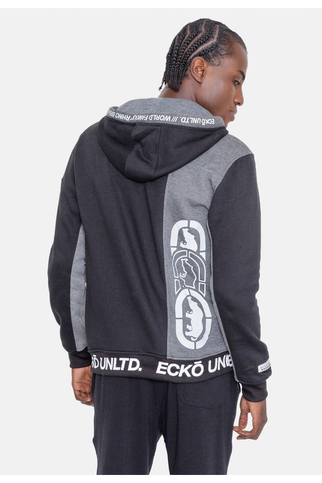 Moletom-Ecko-Aberto-Com-Capuz-Recortado-Preto-Com-Cinza