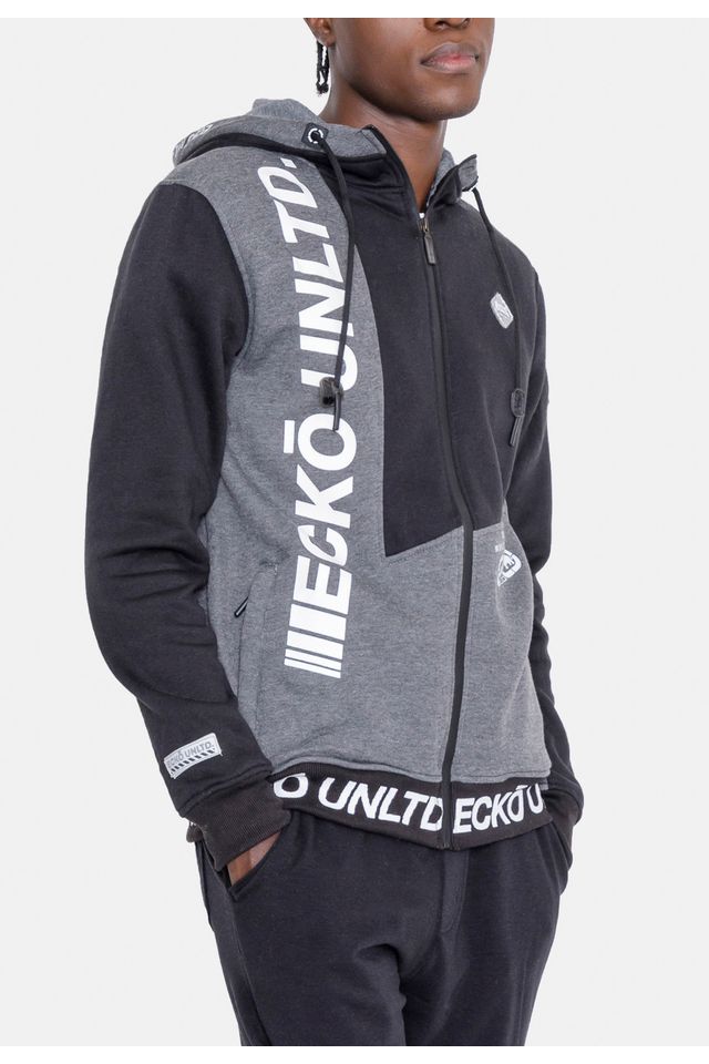 Moletom-Ecko-Aberto-Com-Capuz-Recortado-Preto-Com-Cinza