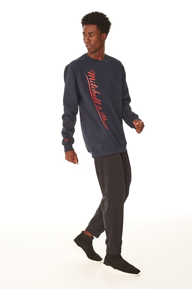 Moletom-Mitchell---Ness-Fechado-Gola-Careca-Branded-Azul-Marinho