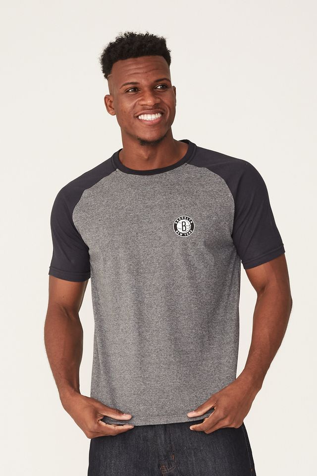 Camiseta-NBA-Raglan-Estampada-Brooklyn-Nets-Cinza-Mescla-Escuro