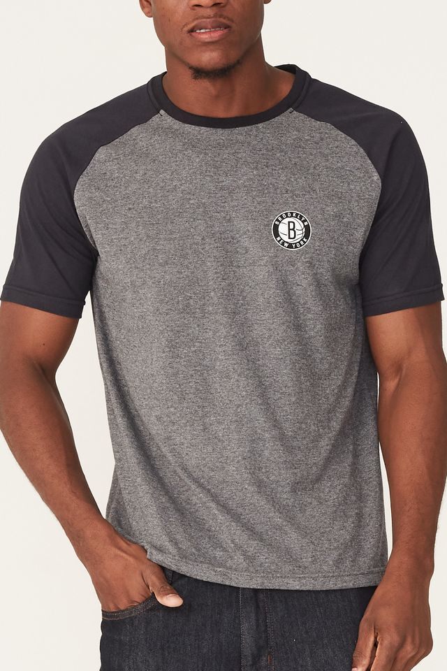 Camiseta-NBA-Raglan-Estampada-Brooklyn-Nets-Cinza-Mescla-Escuro