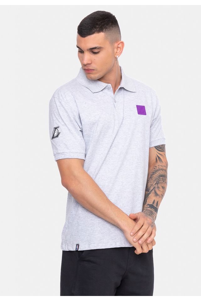 Camisa-Polo-NBA-Rubber-Logo-Los-Angeles-Lakers-Cinza-Mescla