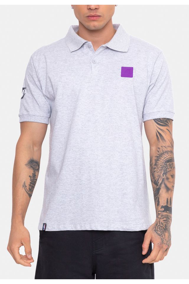 Camisa-Polo-NBA-Rubber-Logo-Los-Angeles-Lakers-Cinza-Mescla