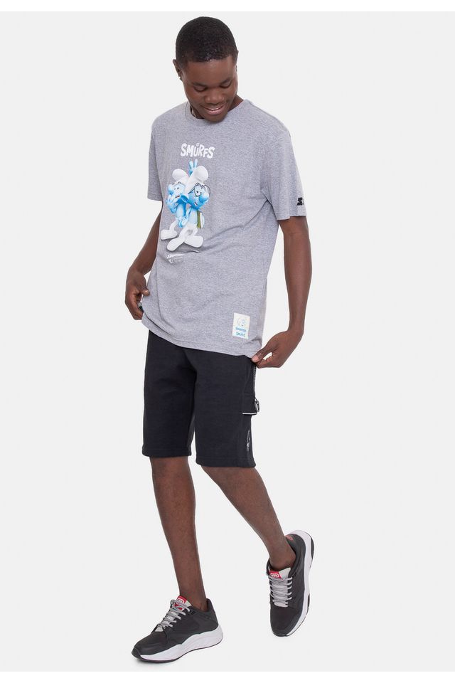 Camiseta-Starter-Collab-Smurfs-3D-Cinza-Mescla