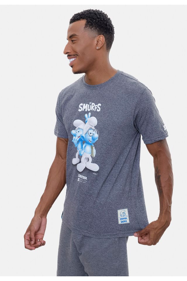 Camiseta-Starter-Collab-Smurfs-3D-Cinza-Mescla-Escuro