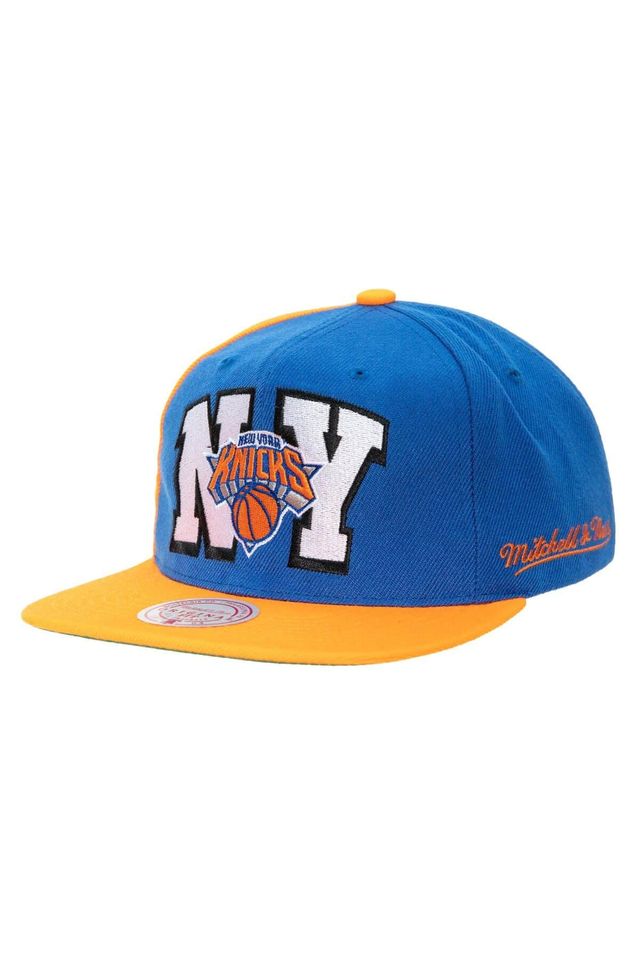 Bone-Mitchell---Ness-NBA-Rear-Script-Deadstock-Snapback-New-York-Knicks-Azul-Royal-com-Laranja