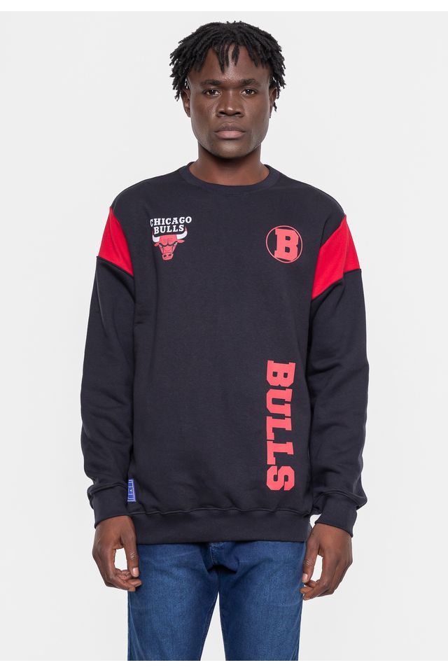 Moletom-NBA-Masculino-Rib-Sleeve-Chicago-Bulls-Preto