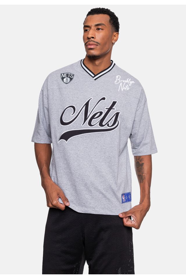 Camiseta-NBA-Oversized-Old-Logo-Brooklyn-Nets-Cinza-Mescla
