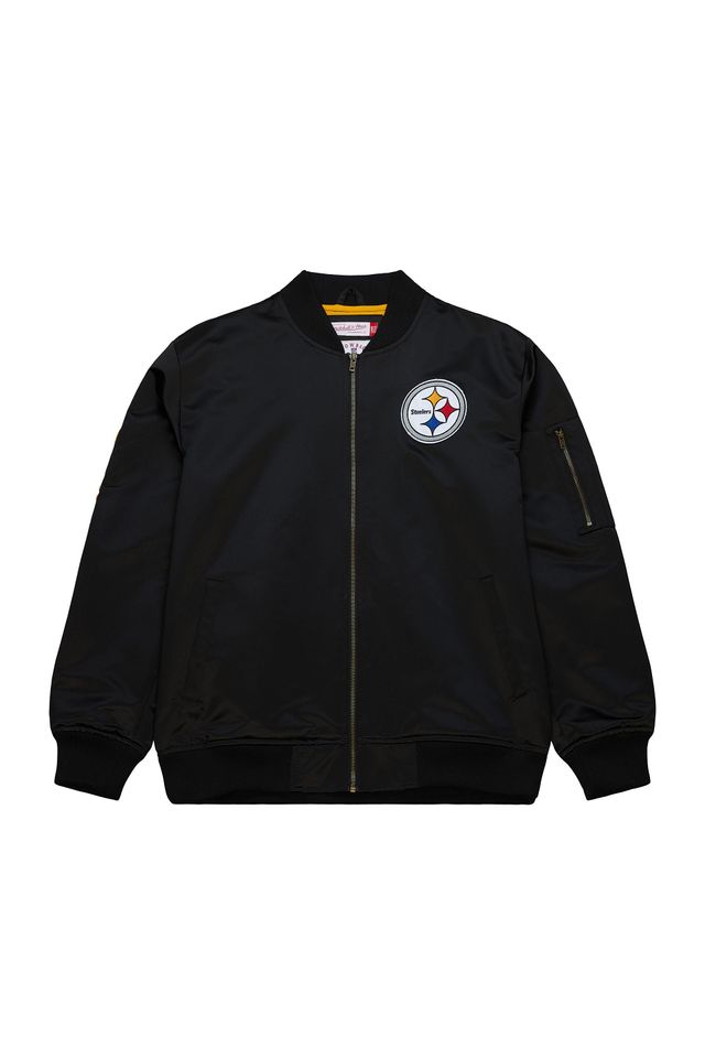 Jaqueta-Mitchell---Ness-Lightweight-Satin-Bomber-Vintage-Logo-Pittsburgh-Steelers-Preta Jaqueta-Mitchell---Ness-Lightweight-Satin-Bomber-Vintage-Logo-Pittsburgh-Steelers-Preta