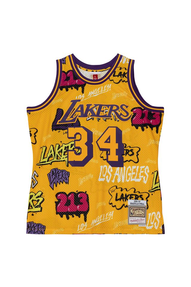 Regata-Mitchell---Ness-Slap-Sticker-Swingman-Jersey-Los-Angeles-Lakers-1996-97-Shaquille-O-Neal-Amarela