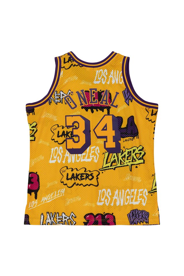Regata-Mitchell---Ness-Slap-Sticker-Swingman-Jersey-Los-Angeles-Lakers-1996-97-Shaquille-O-Neal-Amarela