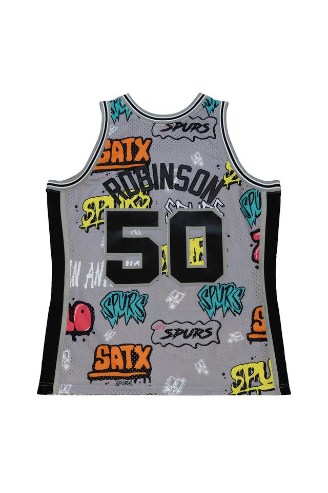 Regata-Mitchell---Ness-Slap-Sticker-Swingman-Jersey-San-Antonio-Spurs-1998-99-David-Robinson-Cinza