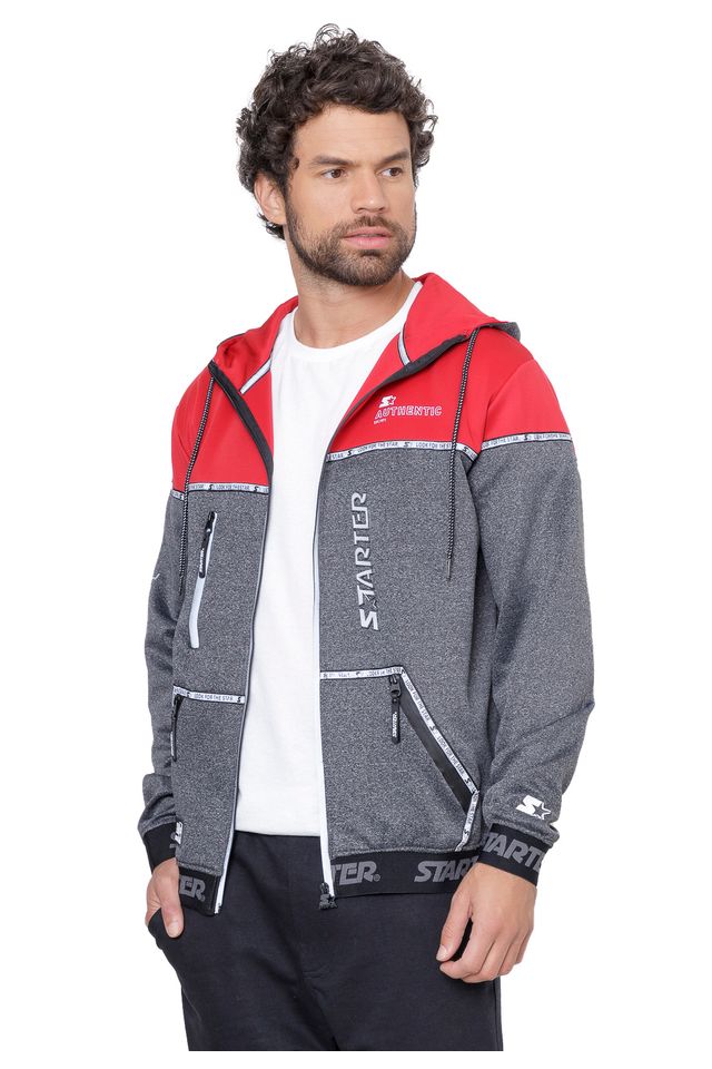 Moletom Starter Aberto Com Capuz Cinza Com Vermelho - P