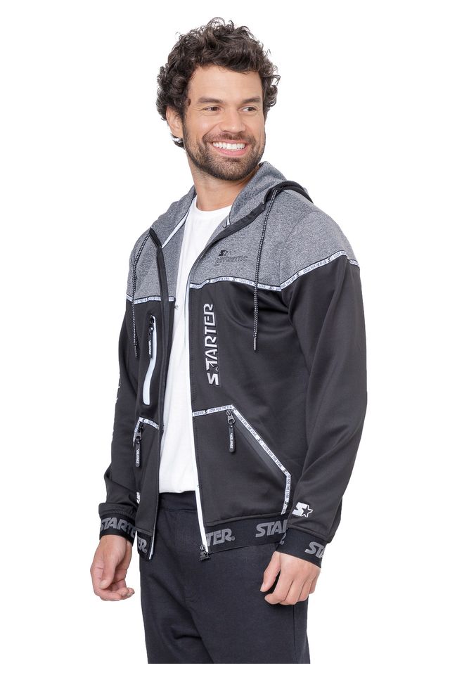 Moletom Starter Aberto Com Capuz Preto Com Cinza - P Moletom Starter Aberto Com Capuz Preto Com Cinza - P