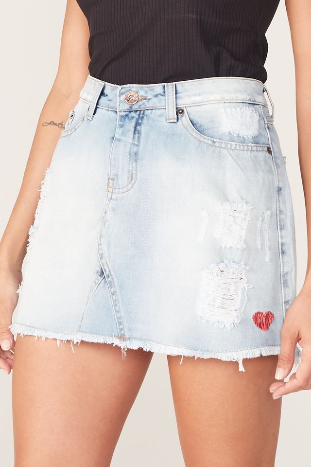 Saia Onbongo Mini Jeans com Puído Azul - 36 Saia Onbongo Mini Jeans com Puído Azul - 36