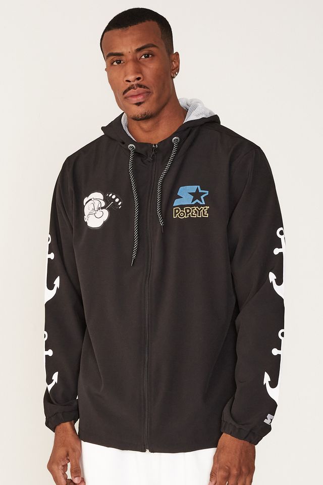Jaqueta Starter Corta Vento Aberta Com Capuz Collab Popeye Preta - P